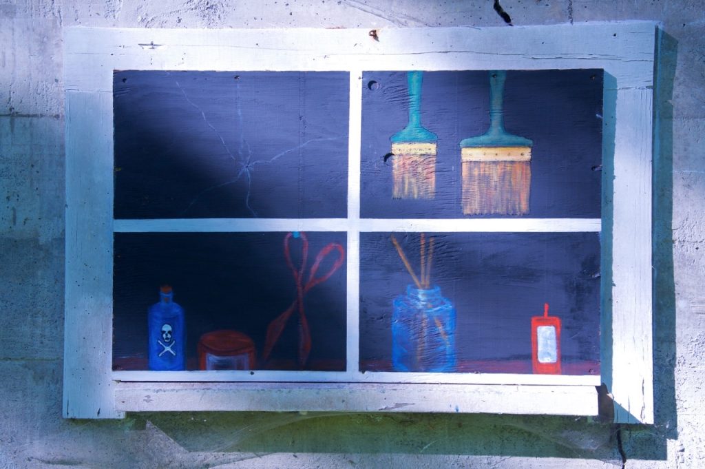 Shakesides back window, art on board, Jul.y 2016