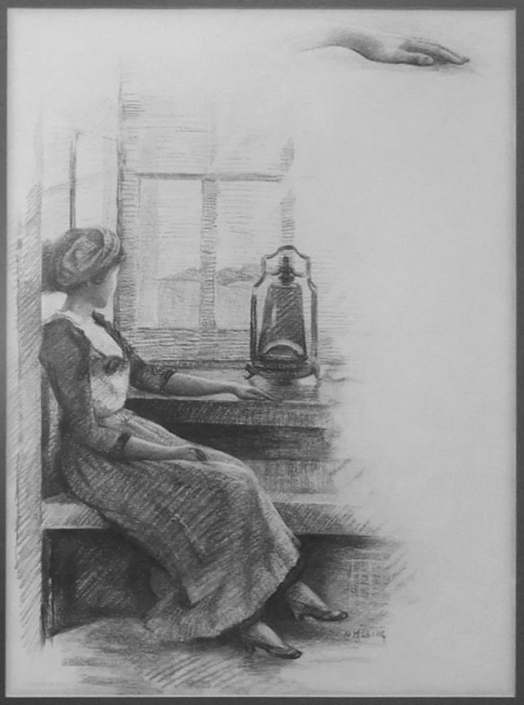 HML drawing and hand study of woman seated at window *