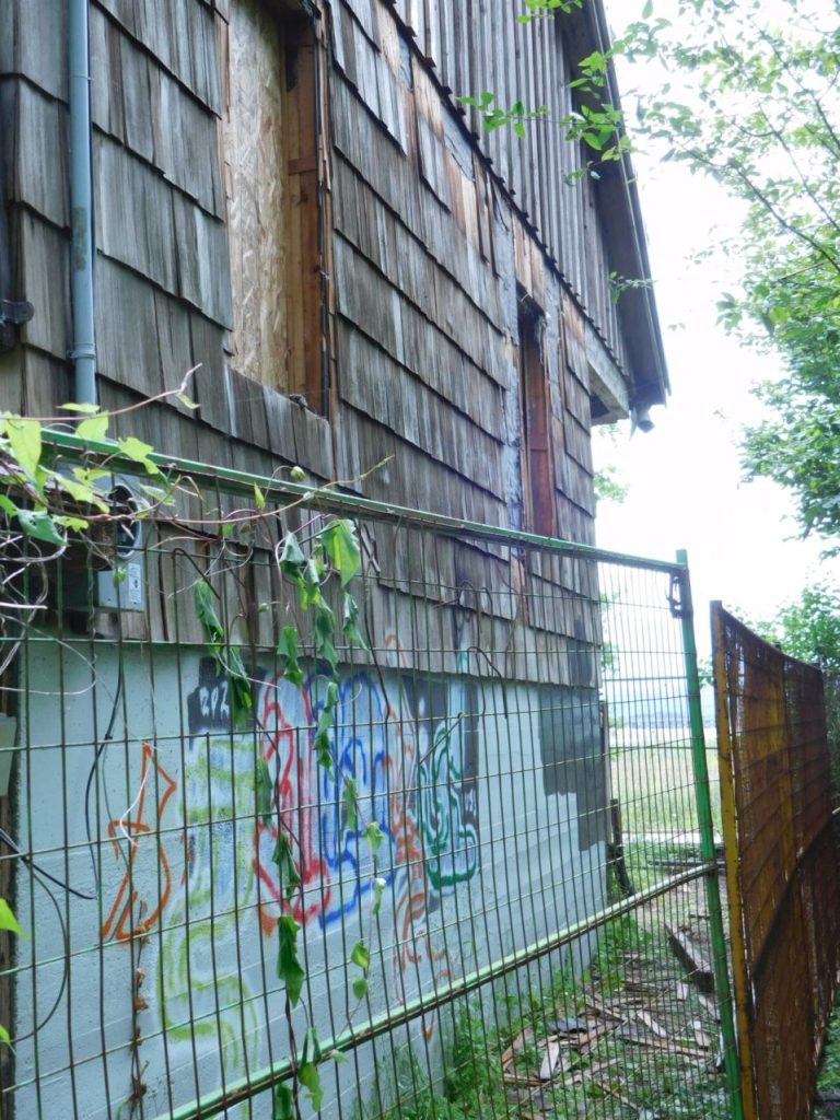 Side of Shakesides, showing removal of window frames done June 23, 2025.