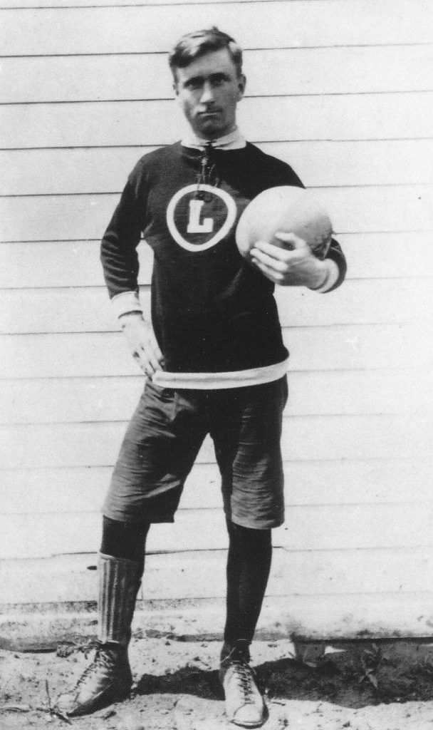 Laing, teacher, in soccer uniform, Oakwood High School, Oak Lake, 1908