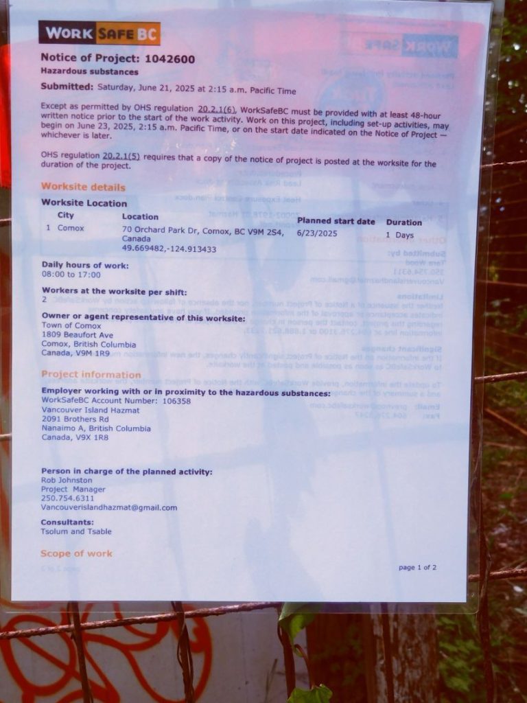 Town of Comox Notice of Project related to removal of window frames and shakes from Shakesides